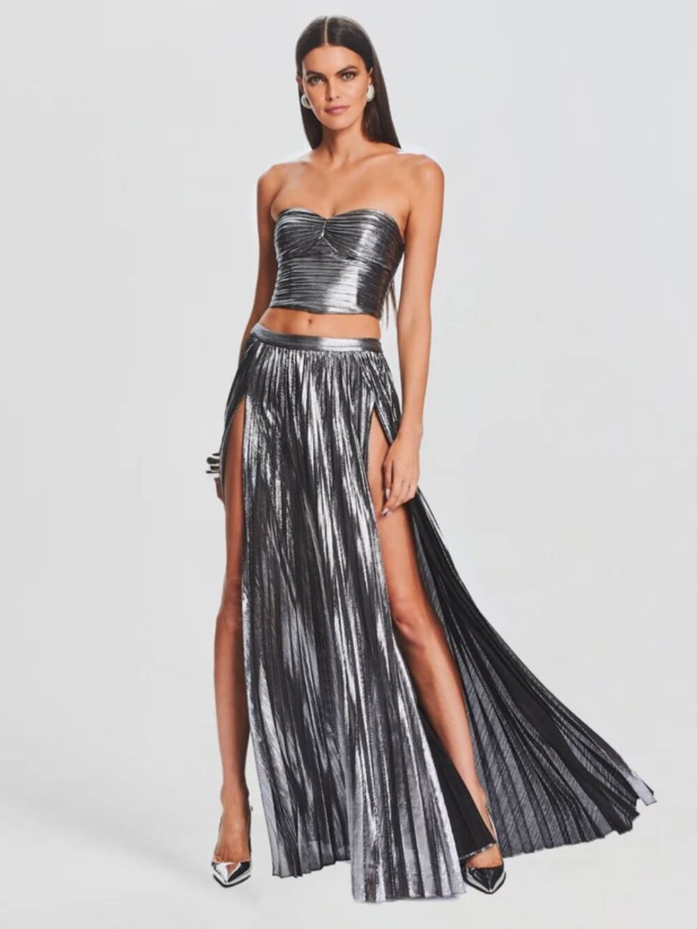 NWOT Set Reformation Revolve Tall Gunmetal Metallic Pleated Slit Skirt & Corset